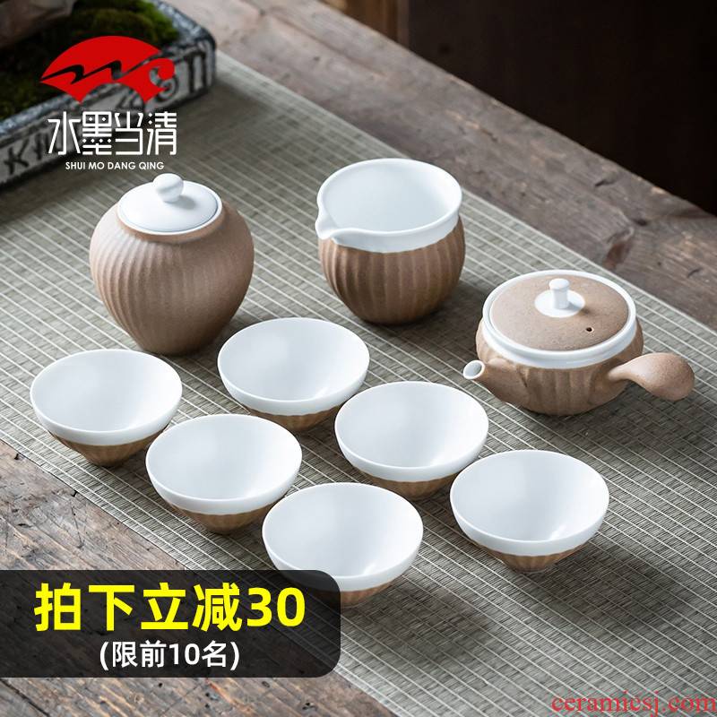 Japanese coarse pottery kung fu tea set suit pure manual lateral teapot teacup restoring ancient ways of household ceramics with high - end gift box