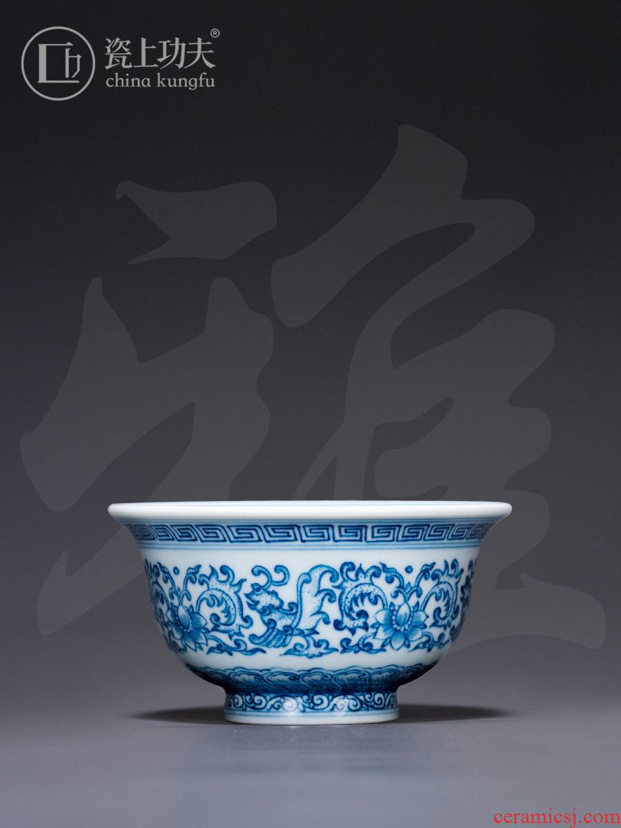 Jingdezhen porcelain on kung fu yongle pressure hand of blue and white master cup tie up branch lotus cup pure manual hand - made large cups