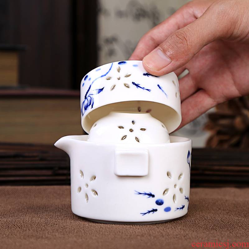 New ceramic crack pot a pot of two travel two cups of hollow out and exquisite portable kung fu tea set office