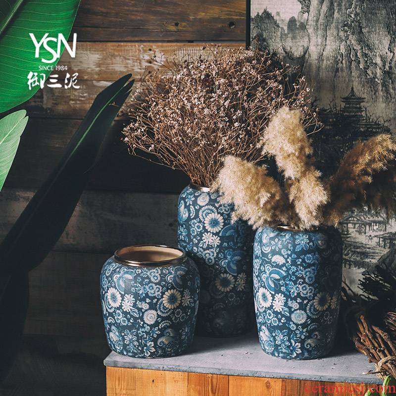 Royal three mud jingdezhen ceramic light blue and white porcelain vases, flower arrangement sitting room furnishing articles zen the flower flower of key-2 luxury of new Chinese style