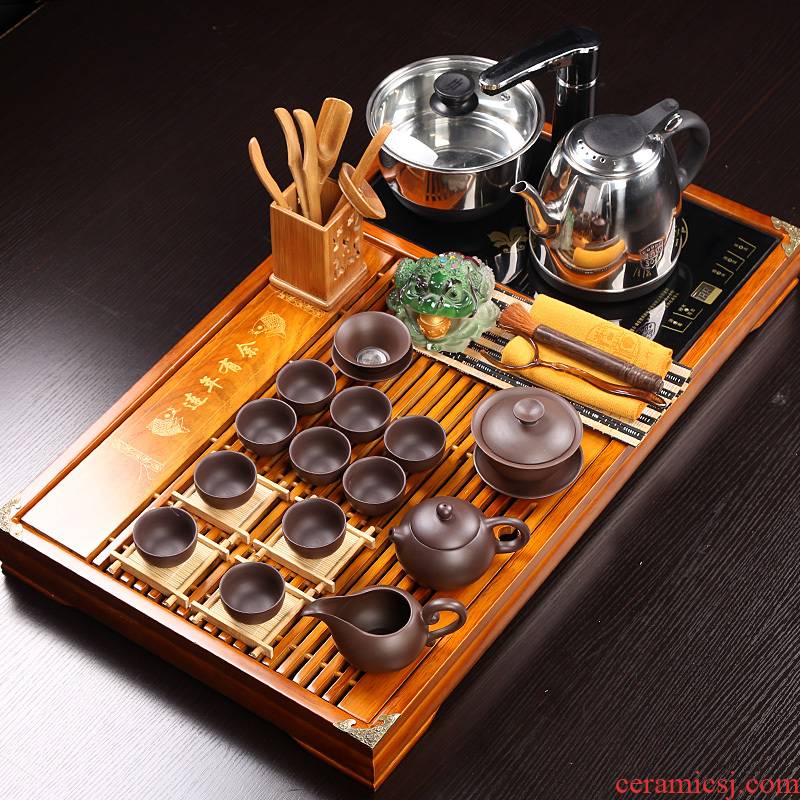 Ceramic cups suit kung fu tea set solid wood tea tray induction cooker snap one household contracted Chinese office