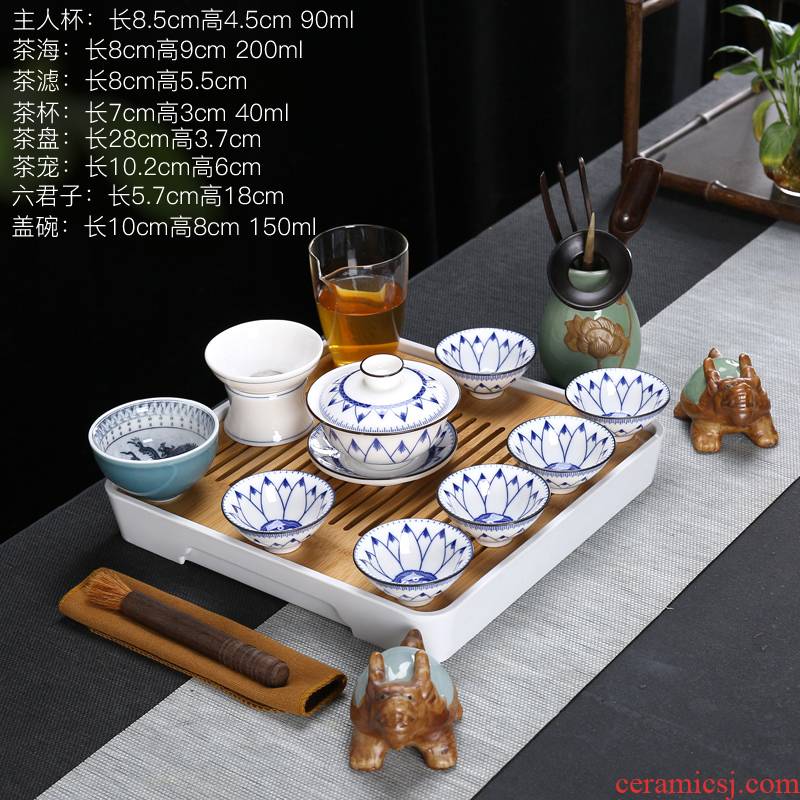 Blue and white porcelain tea sets tea tray household contracted kung fu tea set dehua suet jade porcelain teapot teacup set
