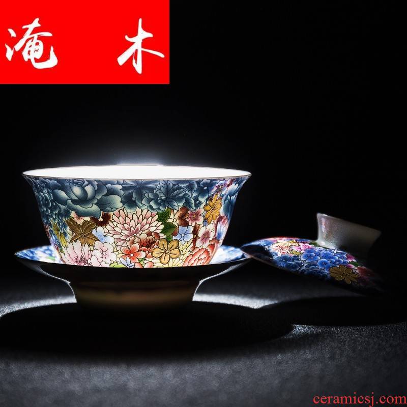 Flooded wooden flower splendid colored enamel tureen kung fu tea set three bowl of household manual large jingdezhen tea bowl