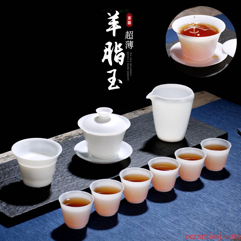 . Poly real scene dehua suet jade porcelain kung fu tea set thin body white porcelain household tureen customizable high - end the teapot
