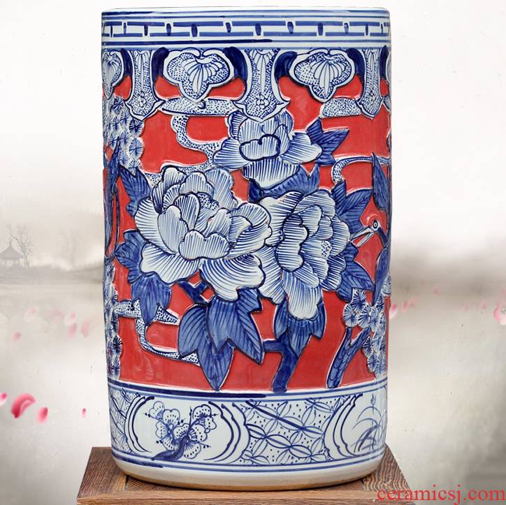 Jingdezhen ceramic quiver carving peony figure put vase mesa of sitting room office furnishing articles calligraphy and painting scroll to receive goods