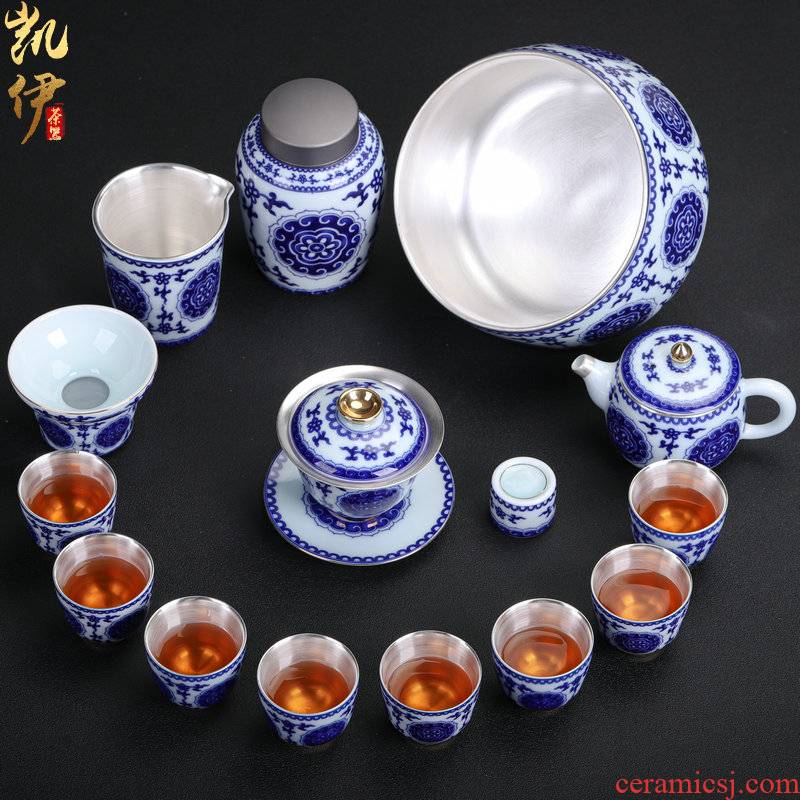 Blue and white porcelain tea set coppering. As silver tea set tea ware jingdezhen ceramic tea set office household gifts sets