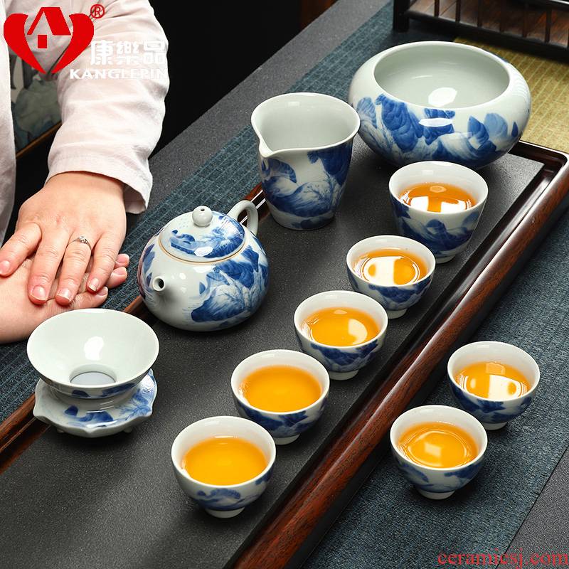 Recreational product ceramic kung fu tea set archaize open a piece of blue and white landscape pattern of a complete set of office home teapot set of tea cups