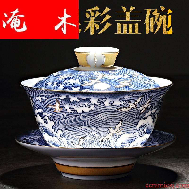 Flooded wood retro tureen household ceramic cups large blue and white porcelain tea bowl is only three colored enamel hot kung fu