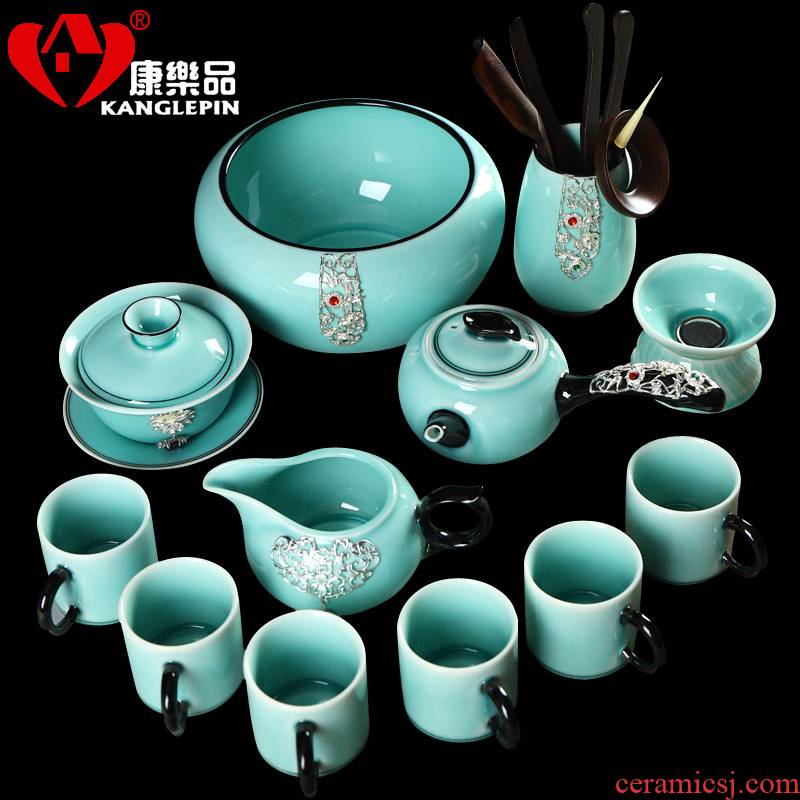Recreation items with silver agate embedded ceramic tea set suit household kung fu tea sets the whole Chinese tea cups