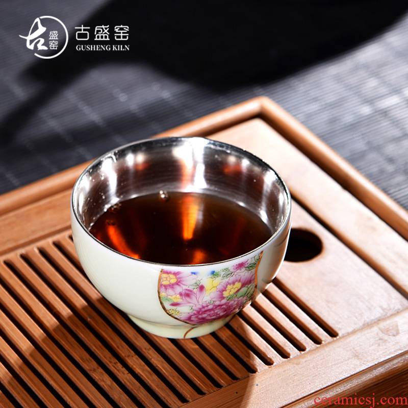 Ancient shing new up celadon porcelain silver colored enamel tea tasted silver gilding sample tea cup bowl master cup single CPU