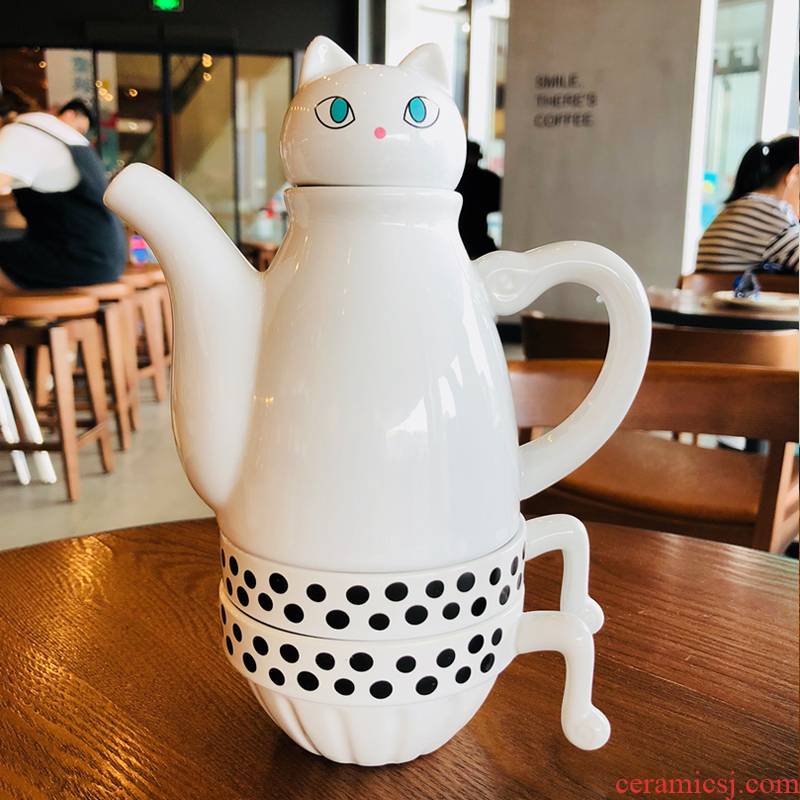 Japanese creative contracted lovely tea sets ins of ceramic teapot cat cafes tea cup household jugs