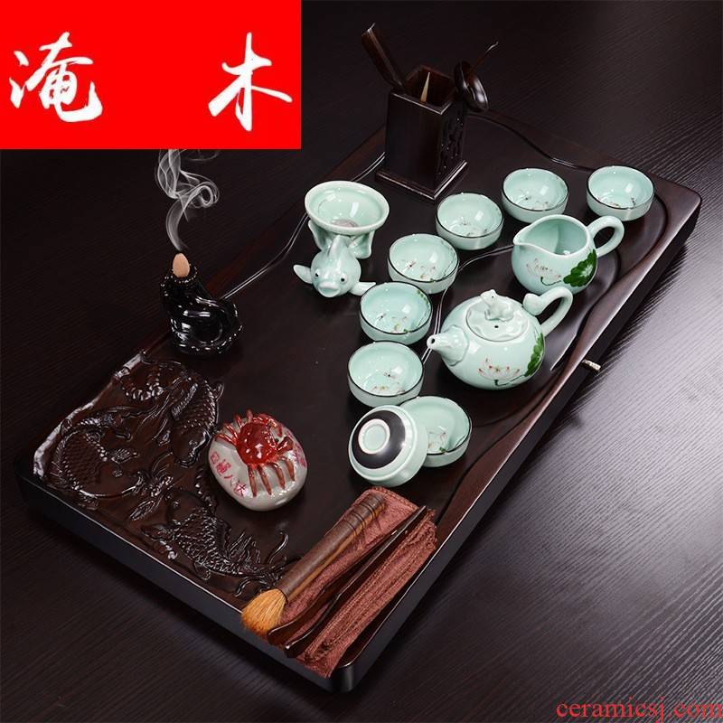 Flooded three fish swimming ebony wood tea tray hand draw your up ceramic kung fu tea set can be automatically
