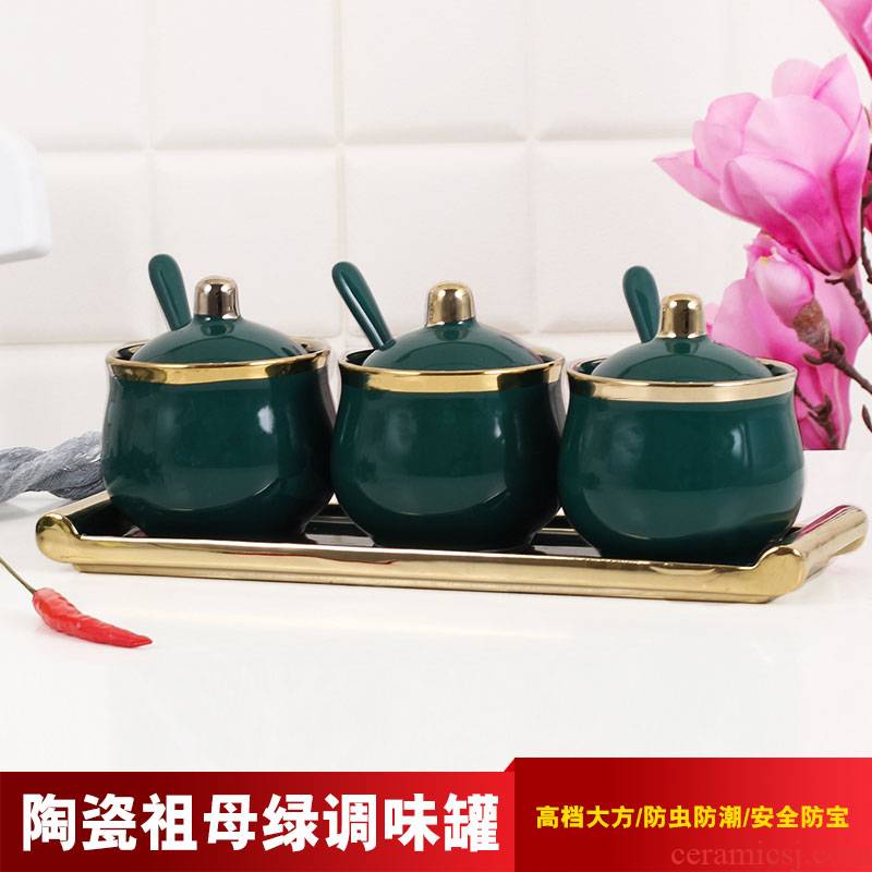 Emerald flavor pot three - piece combination with ceramic jar with cover household kitchen single run condiment jar