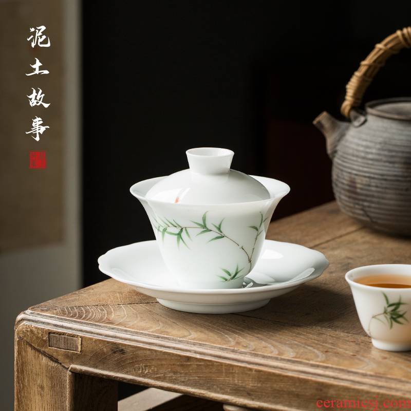 Jingdezhen bamboo only three tureen pure hand - made under glaze color porcelain white porcelain tea cups in large bowl