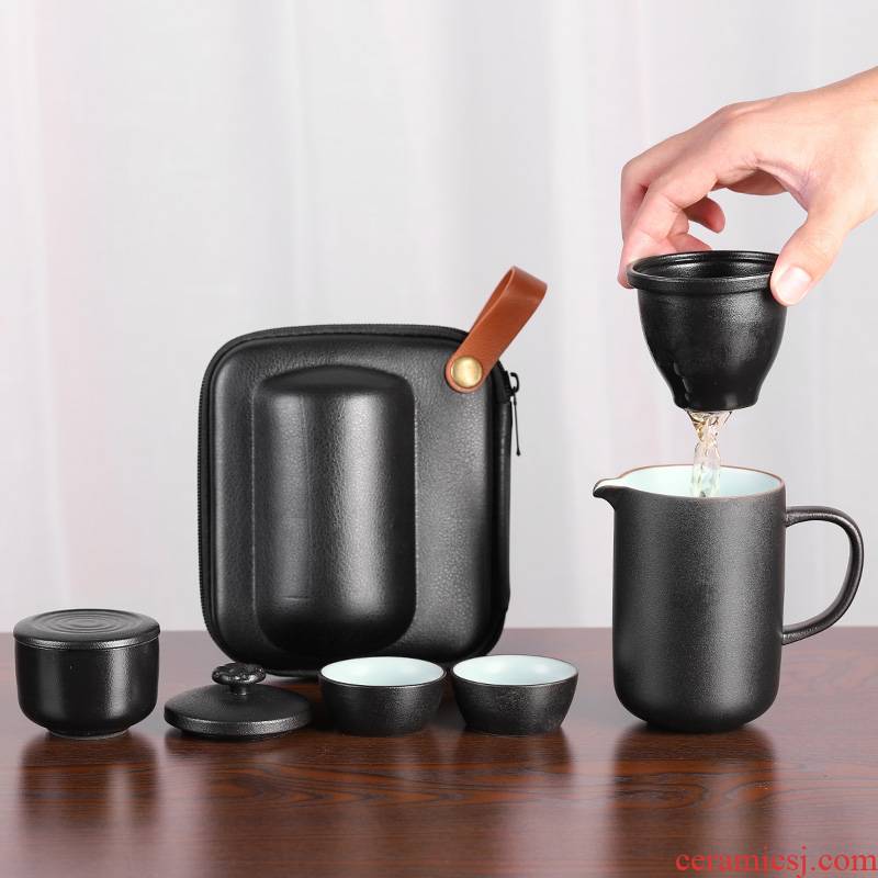 Travel tea set suit portable package 2 Japanese black pottery crack cup a pot of 2 cup two cups of is suing Travel car
