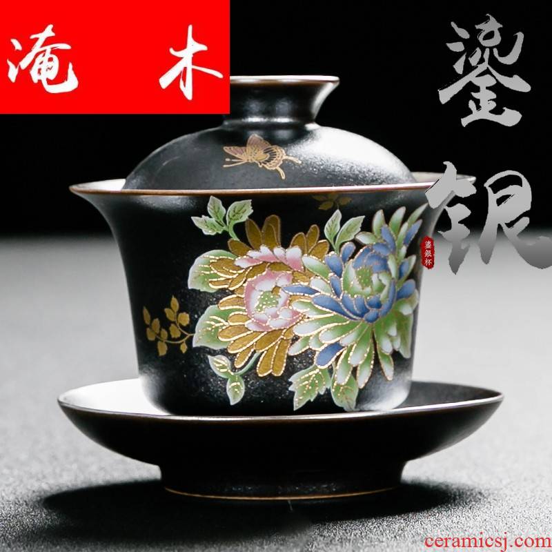 Submerged wood coppering. As grilled silver only three tureen kung fu tea, black pottery flower ceramic tea cup manual household large tea bowl