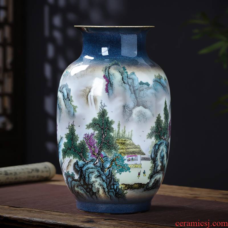 Jingdezhen porcelain ceramic pastel landscape vases, flower arranging new Chinese style household furnishing articles rich ancient frame sitting room adornment