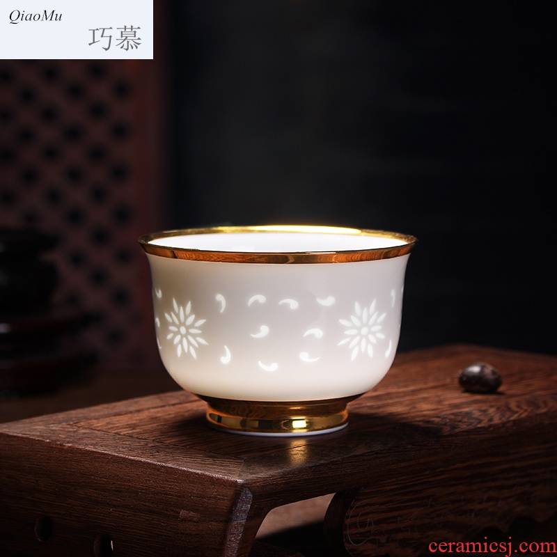 Qiao mu hollow out exquisite thin body see colour porcelain teacup pervious to light a single cup of jingdezhen ceramic kung fu tea set a character