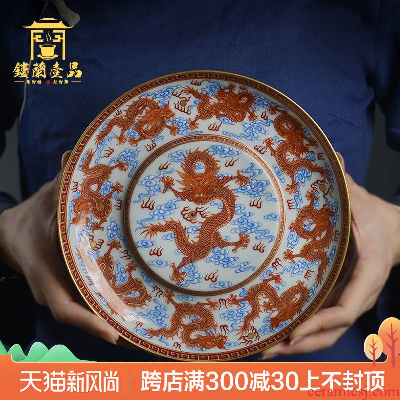 Jingdezhen ceramic all hand - made alum red paint Kowloon play pearl raise pot pad dry mercifully pot of retainer teapot base plate