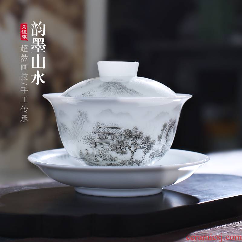 The Poly real jingdezhen hand - made ink landscape scene tureen single jade porcelain cups kung fu tea set ceramic tea bowl