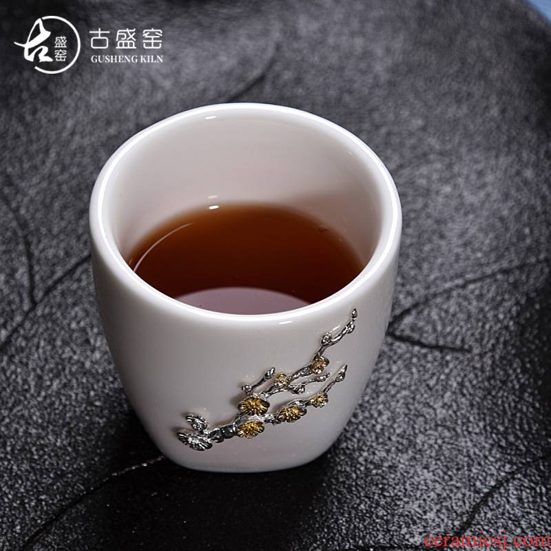 The ancient sheng up new lotus white porcelain ceramic whitebait cup silver inlaid with silver tea sample tea cup, master cup single cup bowl