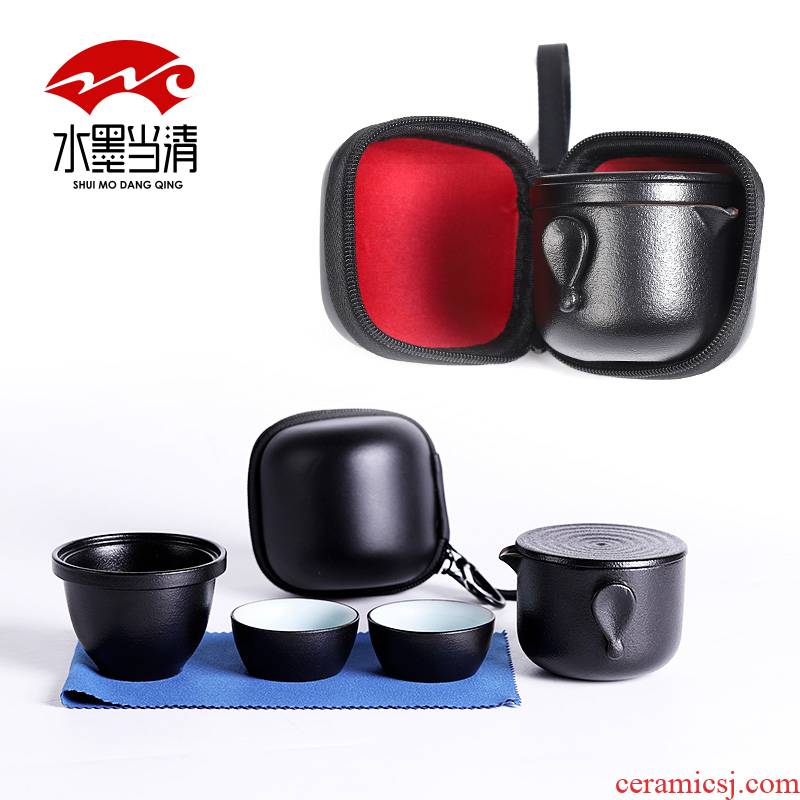 Black pottery crack of a pot of two cup four cup travel kung fu tea cup suit portable package Japanese car is suing