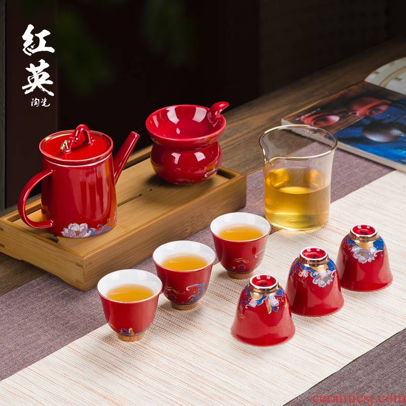 Jingdezhen ceramic glaze paint a complete set of kung fu tea set suit household of Chinese style red teapot tea cups