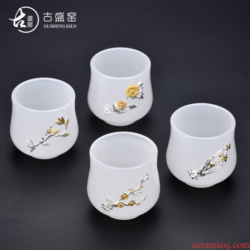 The ancient jade sheng up porcelain cup sample tea cup masters cup bowl of The big white porcelain glass colored glaze single cup silver cup and cup