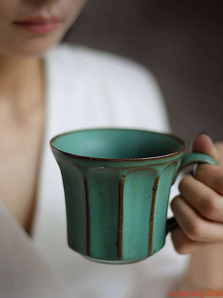 About Nine manual coarse ceramic coffee cup hand soil retro mugs web celebrity vertical stripes move variable Japanese household cup