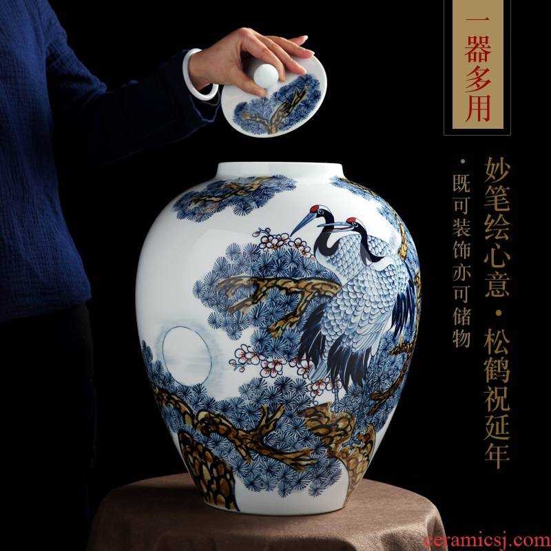 Jingdezhen vase hand - made under glaze colorful pine crane live bottle