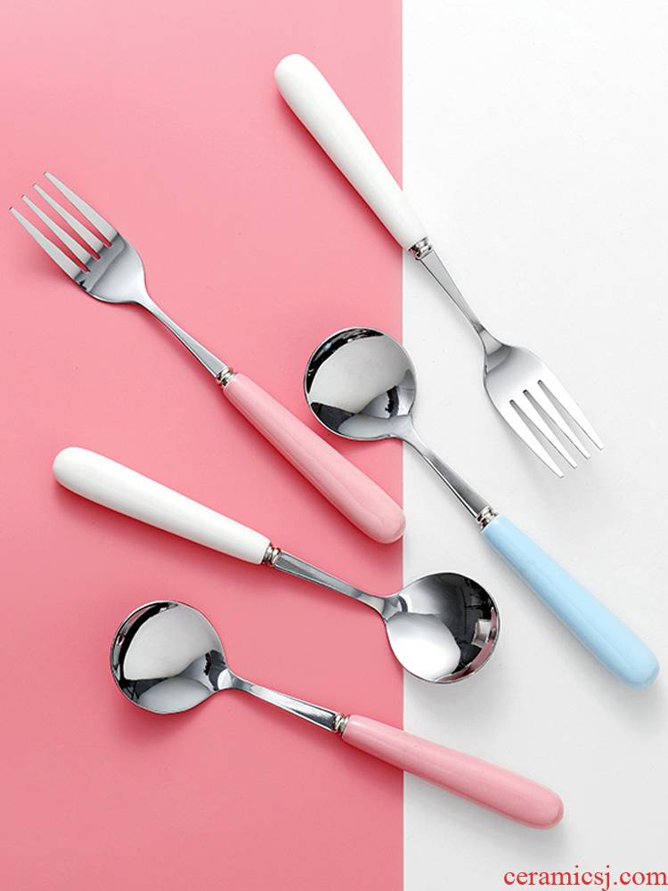 Lovely long handle ceramic spoon handle stainless steel household creative spoon coffee spoon web celebrity Korean small spoon for dinner