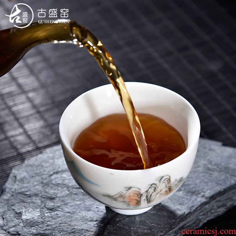 Ancient sheng up new gift boxes, hand - made scenery sample tea cup dehua white porcelain personal single CPU suet jade cup by hand