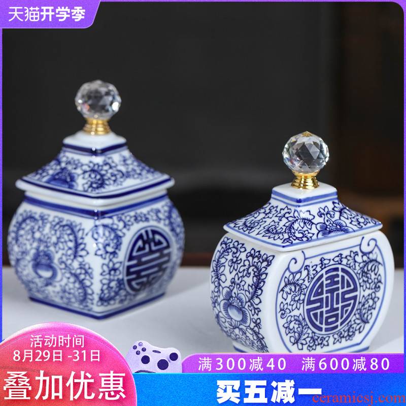 Jingdezhen blue and white porcelain happy character sitting room of the new Chinese style household ceramic tea pot storage tank receives decorative furnishing articles