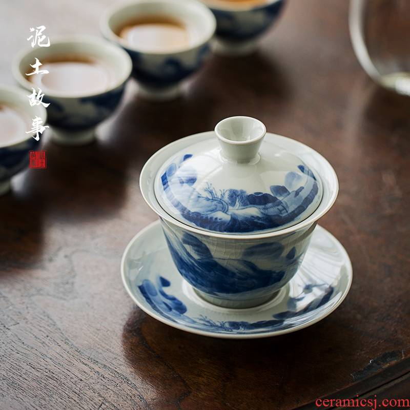 Archaize kangxi landscape tureen jingdezhen ceramic cups large bowl manual hand - made three blue and white porcelain cup