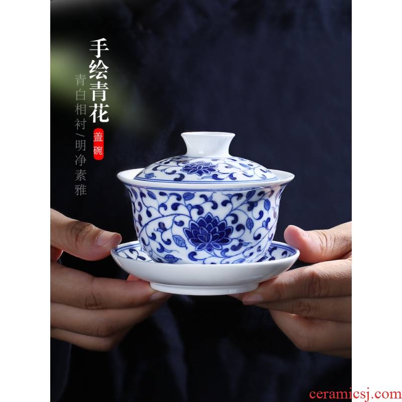 The Poly real scene of jingdezhen blue and white porcelain hand draw a single CPU cover tureen ceramic tea set large kung fu tea bowl