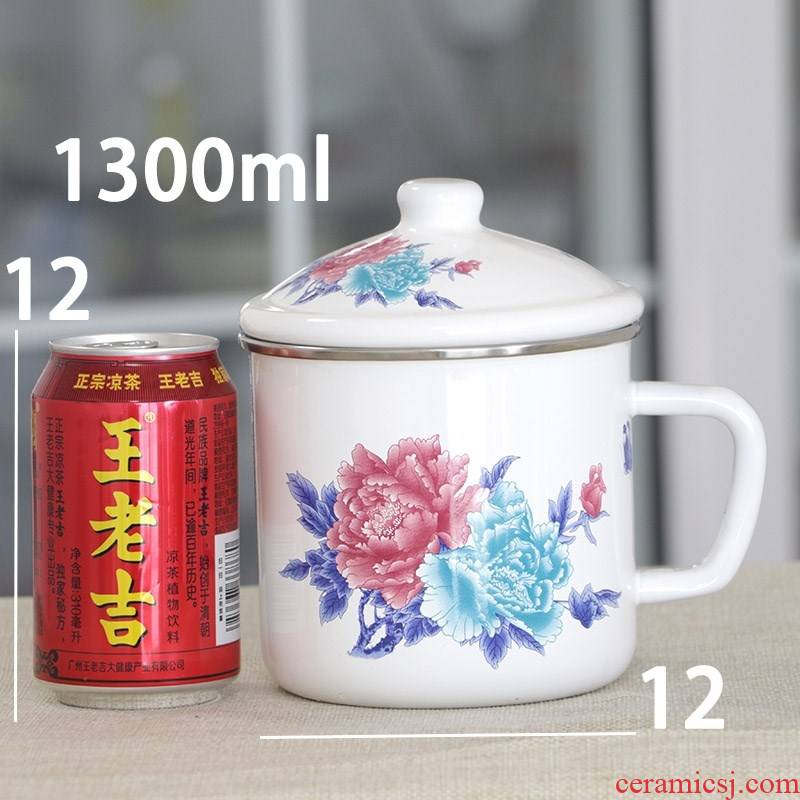 Retro nostalgia of the big Chinese rose, big capacity of drinking a cup of the health and safety to thicken the enamel ChaGangZi 1300 ml