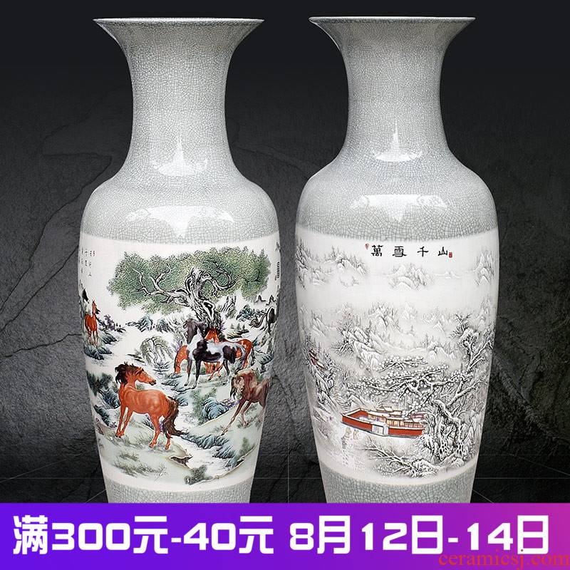 Jingdezhen ceramics archaize crack landing a large vase furnishing articles sitting room of Chinese style household decoration snow eight horses