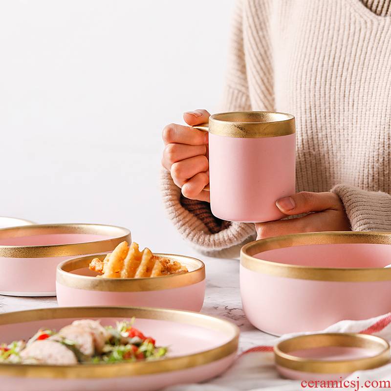 Ins Nordic pink paint and ceramic tableware home plate beefsteak dish dish of rice bowls rainbow such as bowl soup bowl