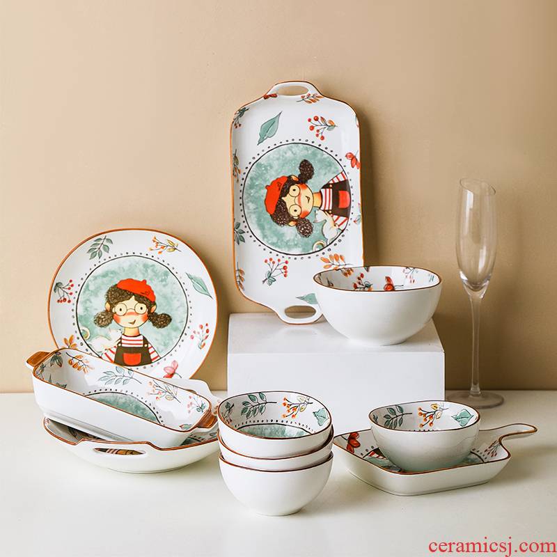 Fairy by Tate forest under the glaze color Japanese creative lovely dishes tableware household rice bowls ceramic disk bowl of food dish