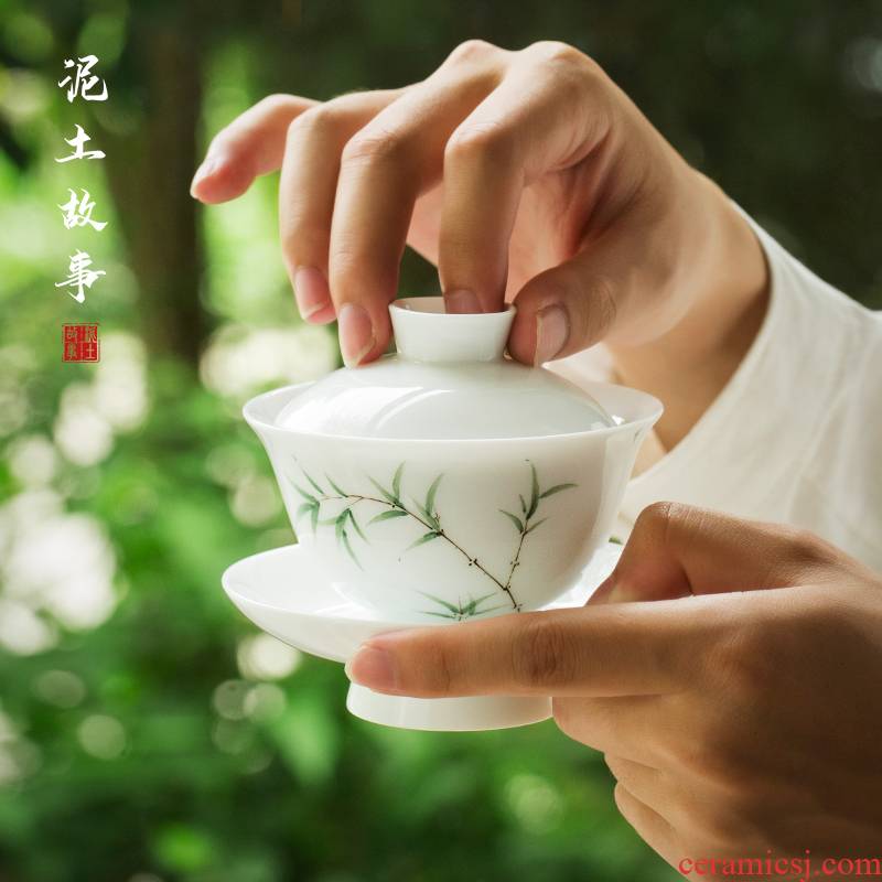 Jingdezhen thin foetus hand - made bamboo tureen tea cup three only a single small bowl of tea bowl of white porcelain kung fu tea set