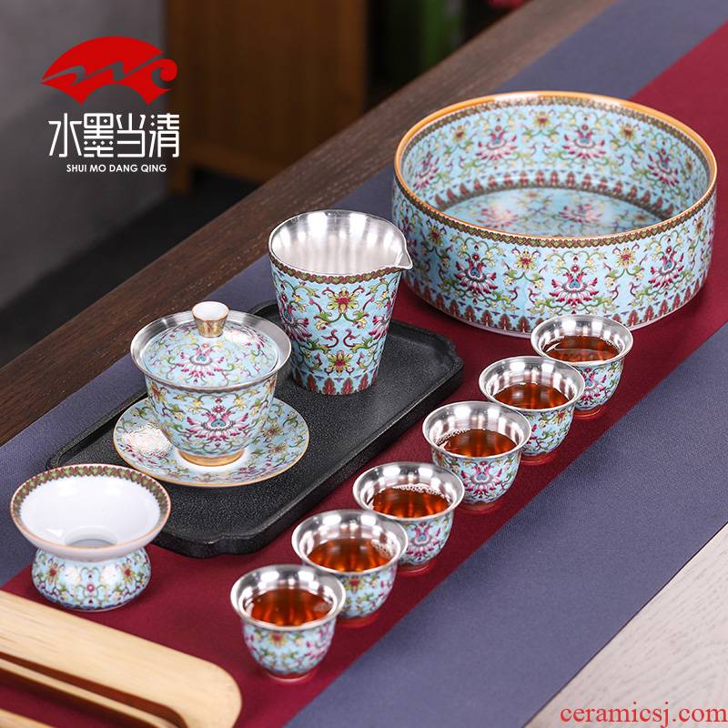 Coppering. As silver colored enamel kung fu tea set household jingdezhen ceramic tureen tea cups high - end gift box office