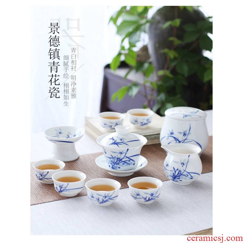 The Poly real view jingdezhen hand - made tureen kung fu tea set of blue and white porcelain suit small set of household ceramic teapot teacup