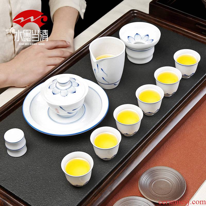 Ceramic hand - made porcelain teacup suit white porcelain kung fu tea tureen pot bearing home a whole set of gift box office