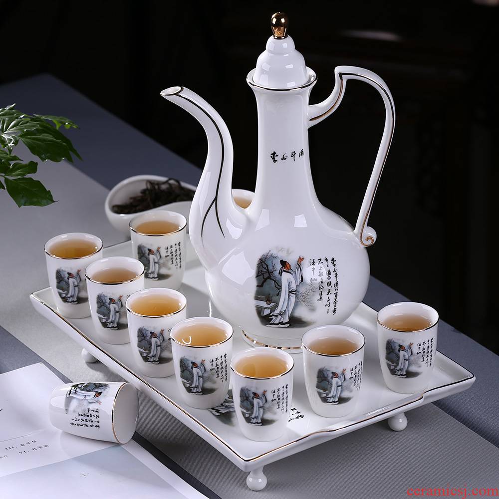 Ceramic wine suits for with tray was hip flask glass wine liquor of a complete set of points of blue and white porcelain cup Chinese wine gift