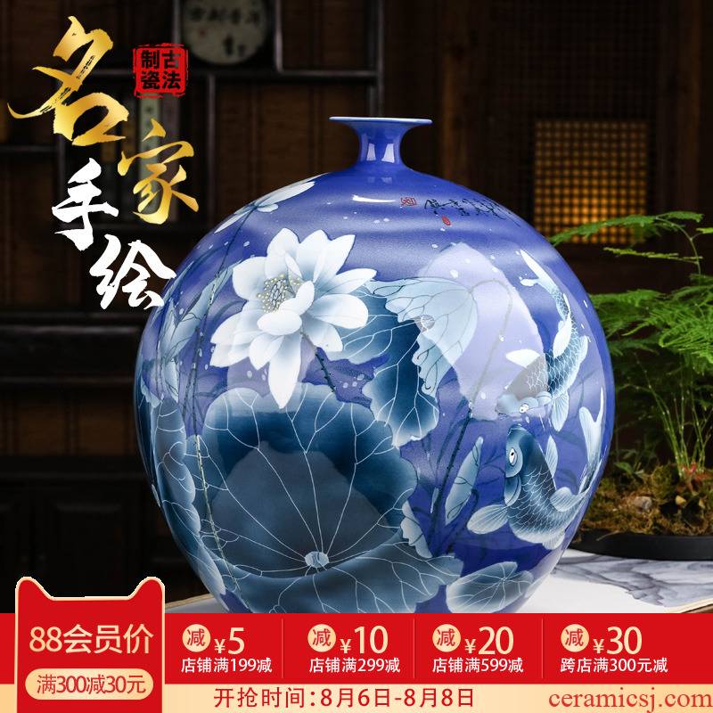 Hand made lotus large blue and white porcelain vase furnishing articles of new Chinese style living room large landing jingdezhen ceramic bottle
