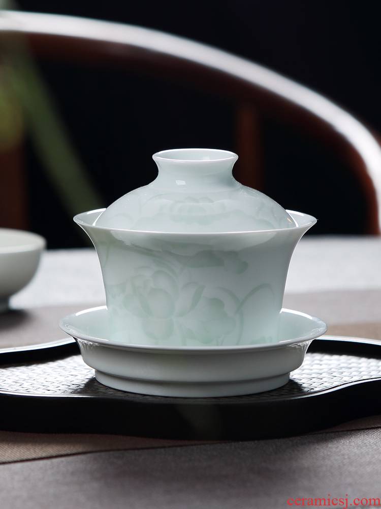 Jingdezhen blue white porcelain shadow green ceramic three to make tea tureen single bowl cups household kung fu tea tea