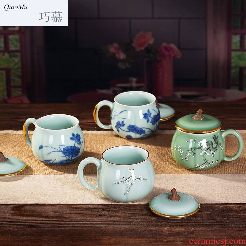 Qiao mu longquan celadon ceramic cups with cover cup tea cup tea lady pumpkin cup mandarin duck play