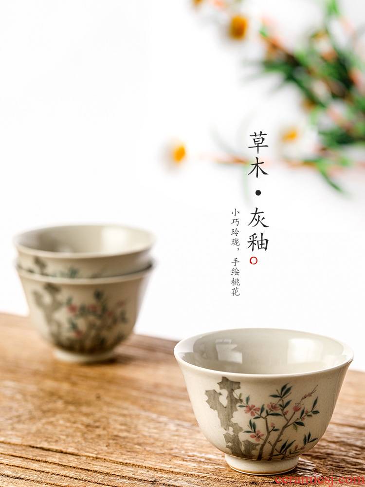 Master kung fu tea cup single cup pure manual jingdezhen hand - made sample tea cup single plant ash glaze peach blossom put to use