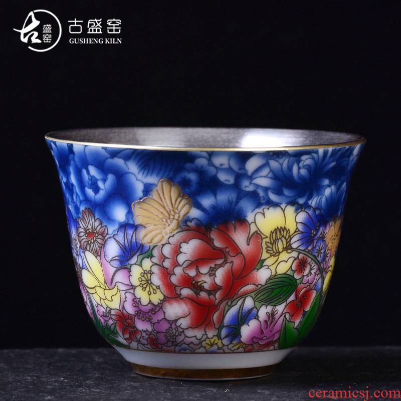 Ancient sheng up new hand - made ginkgo coppering. As the master sample tea cup pure manual colored enamel of blue and white porcelain tea cups, trumpet