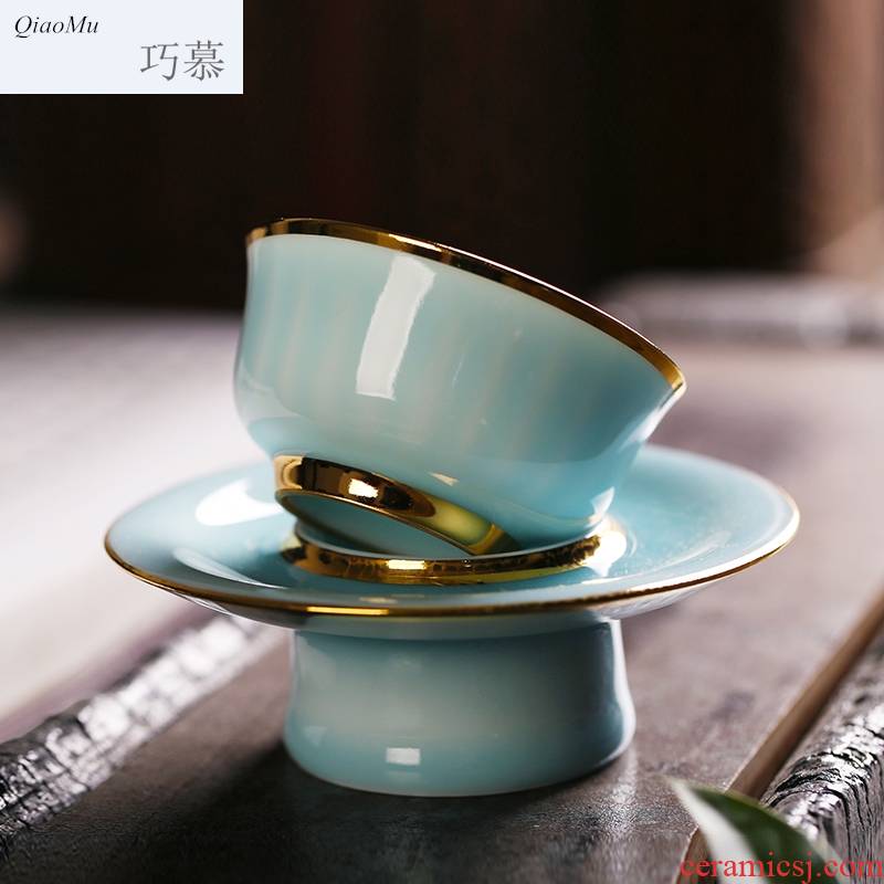 Qiao mu longquan celadon kung fu tea set all hand sample tea cup tea saucer, sample tea cup to watch a play
